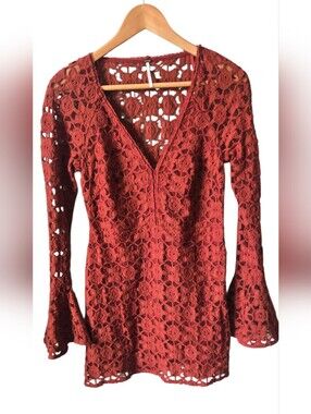 Free People Rust Red Crocheted V-Neck Long Sleeve Mini Dress #63